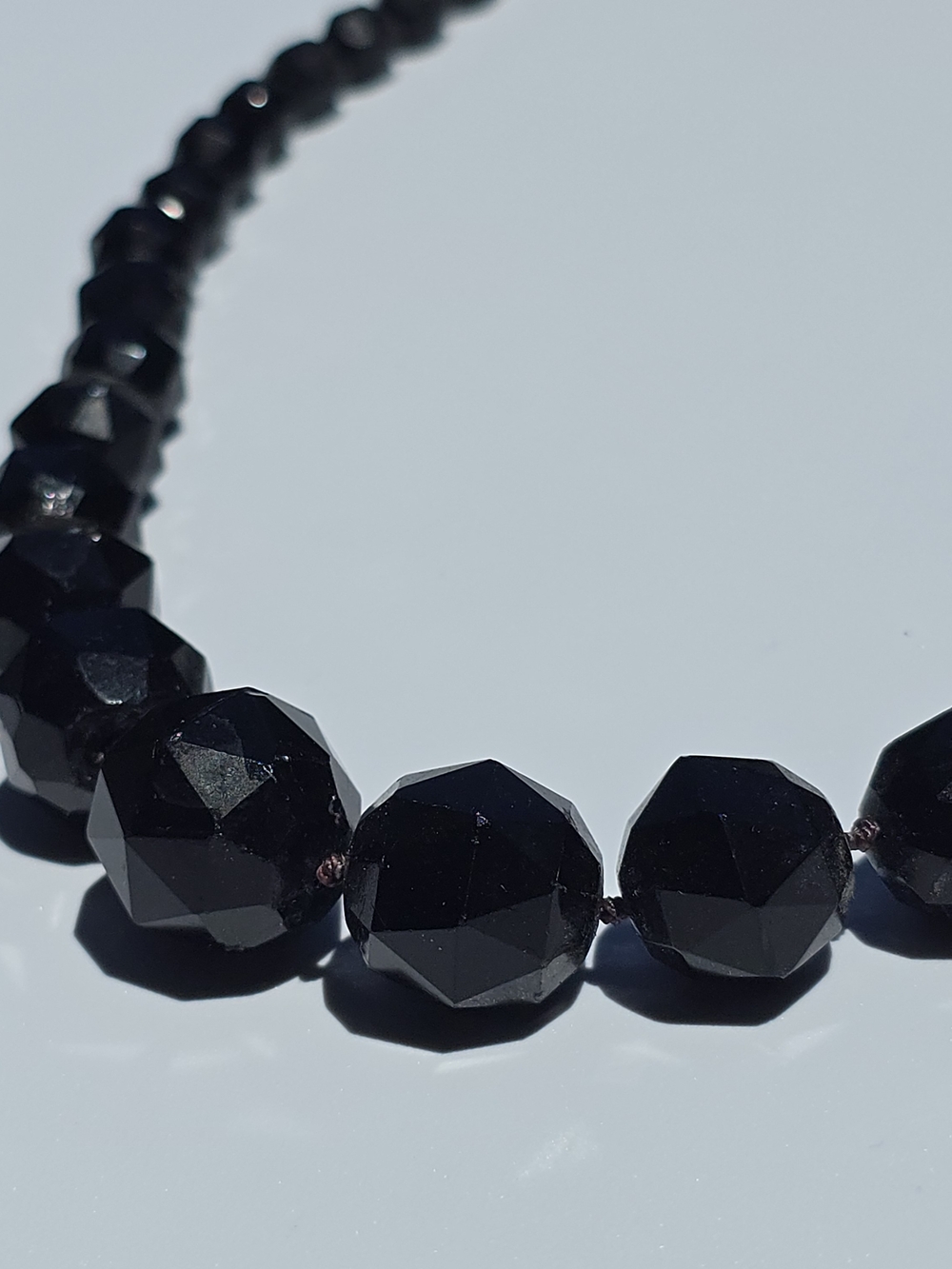 VTG Black Glass Bead Necklace Faceted Hand Knotted Graduated 24"